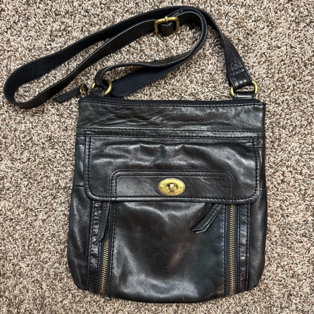 Fossil Stanton Messenger Traveler Leather Crossbody Purse Bag Black EUC